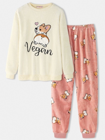 Conjunto De Pijama Para El Hogar Esponjoso De Felpa Con Bordado Con Cuello Redondo Y Estampado De Perro Lindo Para Mujer