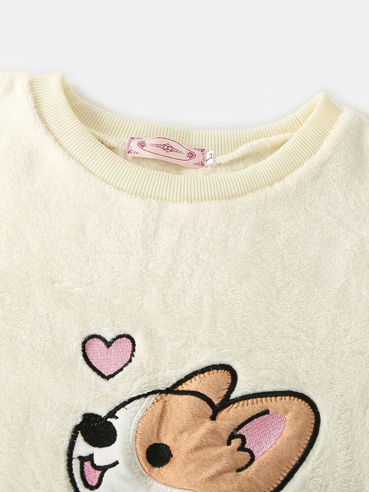 Conjunto De Pijama Para El Hogar Esponjoso De Felpa Con Bordado Con Cuello Redondo Y Estampado De Perro Lindo Para Mujer