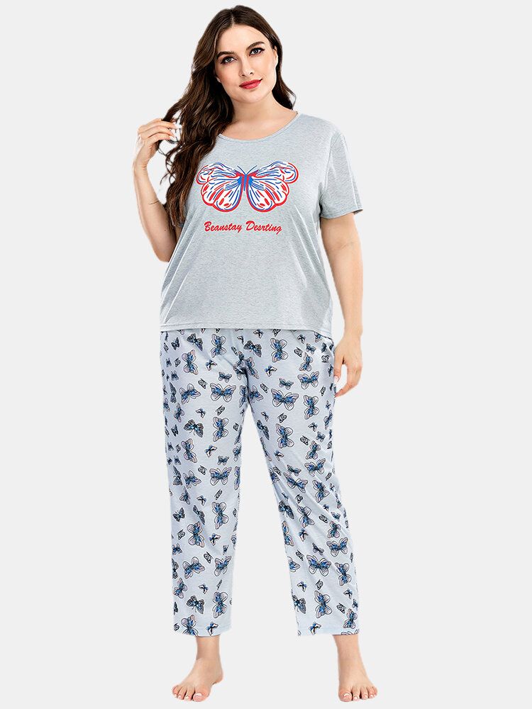 Conjunto De Pijama Para El Hogar De Manga Corta Con Estampado De Letras Y Estampado De Mariposas Para Mujer De Talla Grande