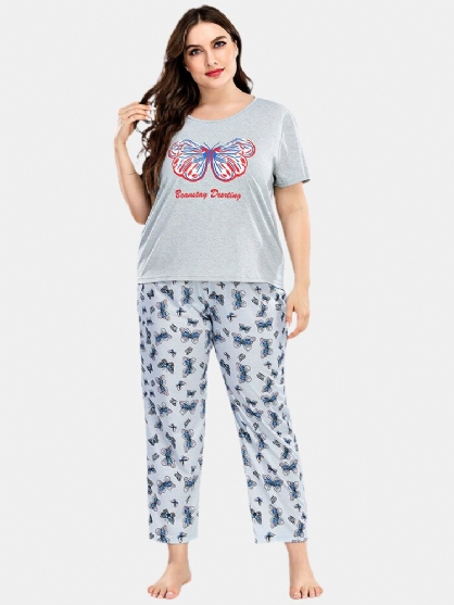 Conjunto De Pijama Para El Hogar De Manga Corta Con Estampado De Letras Y Estampado De Mariposas Para Mujer De Talla Grande