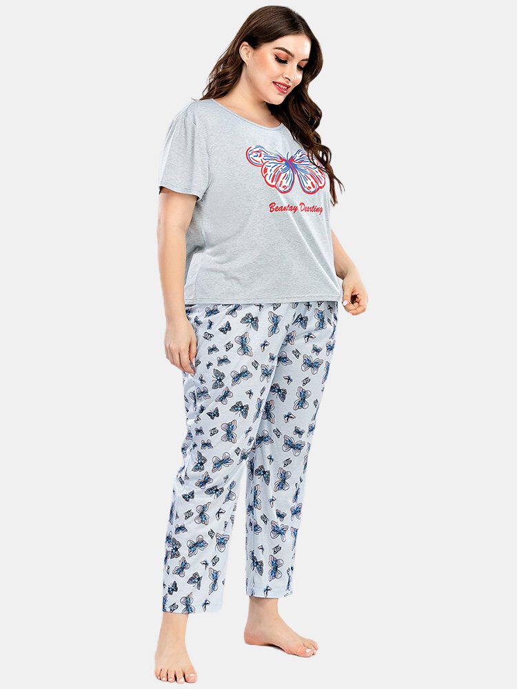 Conjunto De Pijama Para El Hogar De Manga Corta Con Estampado De Letras Y Estampado De Mariposas Para Mujer De Talla Grande