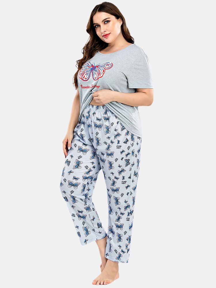 Conjunto De Pijama Para El Hogar De Manga Corta Con Estampado De Letras Y Estampado De Mariposas Para Mujer De Talla Grande