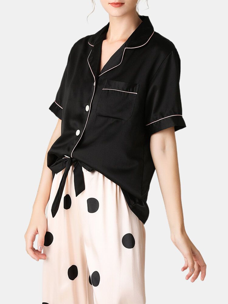 Conjunto De Pijama Para El Hogar De Seda Sintética Con Pantalones De Lunares Y Top De Manga Corta Con Cuello Revere Negro Para Mujer