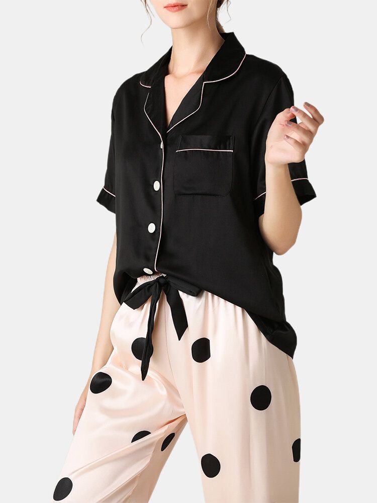 Conjunto De Pijama Para El Hogar De Seda Sintética Con Pantalones De Lunares Y Top De Manga Corta Con Cuello Revere Negro Para Mujer