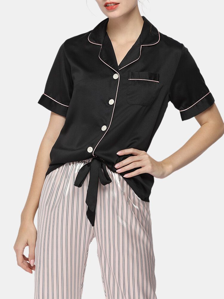 Conjunto De Pijama Para El Hogar De Seda Sintética Con Pantalones De Lunares Y Top De Manga Corta Con Cuello Revere Negro Para Mujer