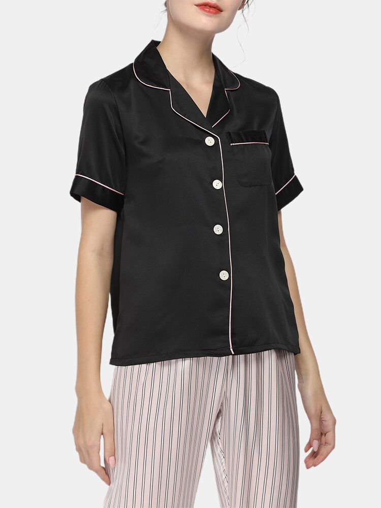 Conjunto De Pijama Para El Hogar De Seda Sintética Con Pantalones De Lunares Y Top De Manga Corta Con Cuello Revere Negro Para Mujer