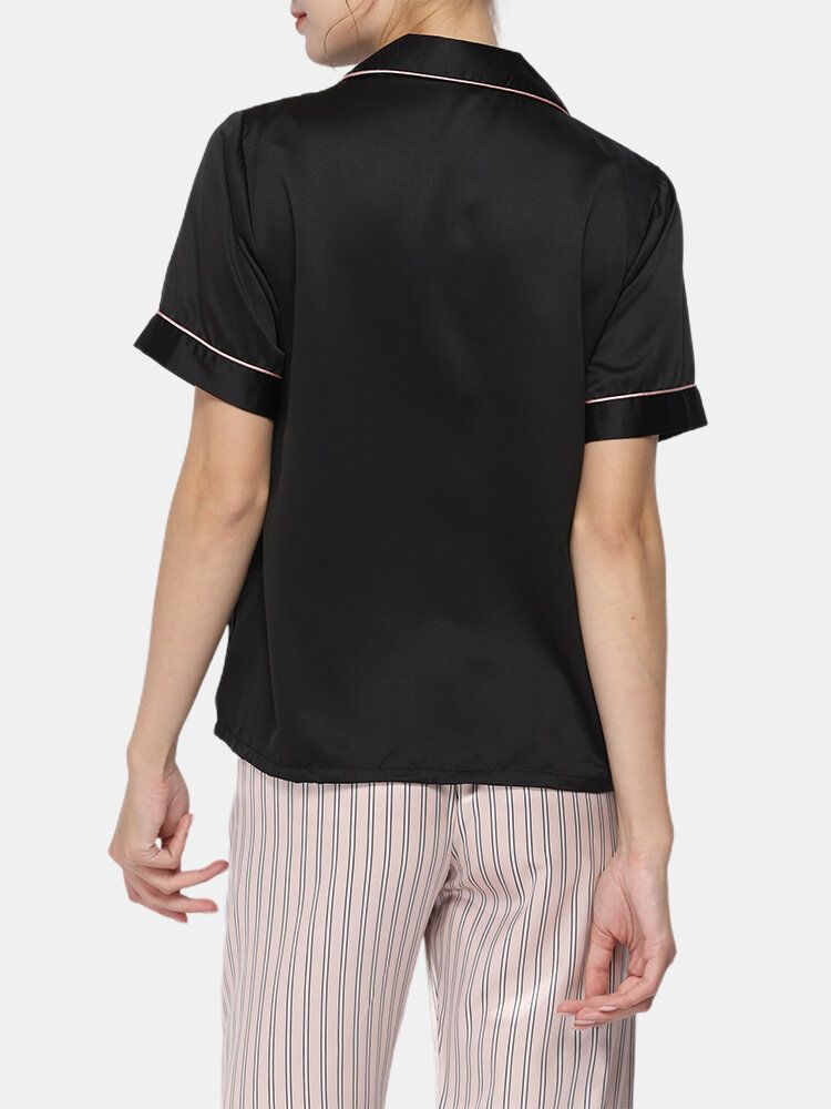 Conjunto De Pijama Para El Hogar De Seda Sintética Con Pantalones De Lunares Y Top De Manga Corta Con Cuello Revere Negro Para Mujer