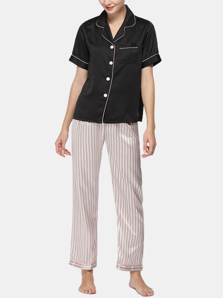 Conjunto De Pijama Para El Hogar De Seda Sintética Con Pantalones De Lunares Y Top De Manga Corta Con Cuello Revere Negro Para Mujer