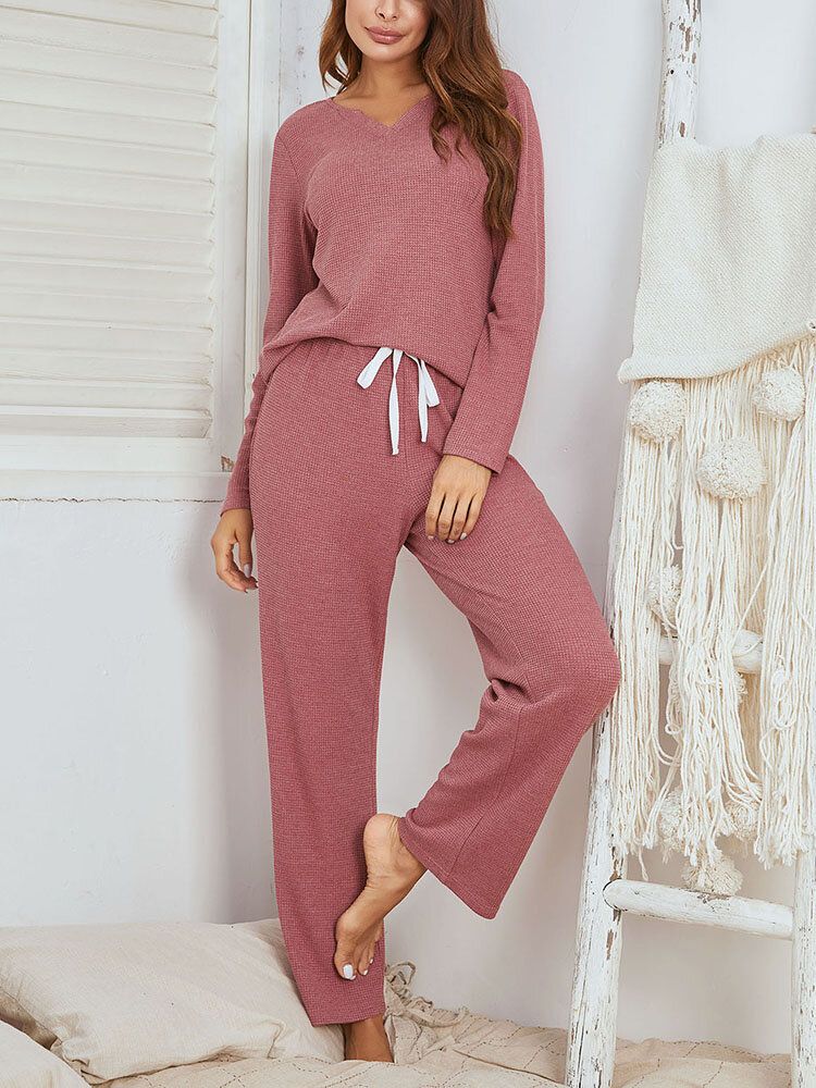 Conjunto De Pijama De Salón En Casa De Dos Piezas Con Cuello En V Y Talla Grande De Color Sólido De Estilo Breve Para Mujer