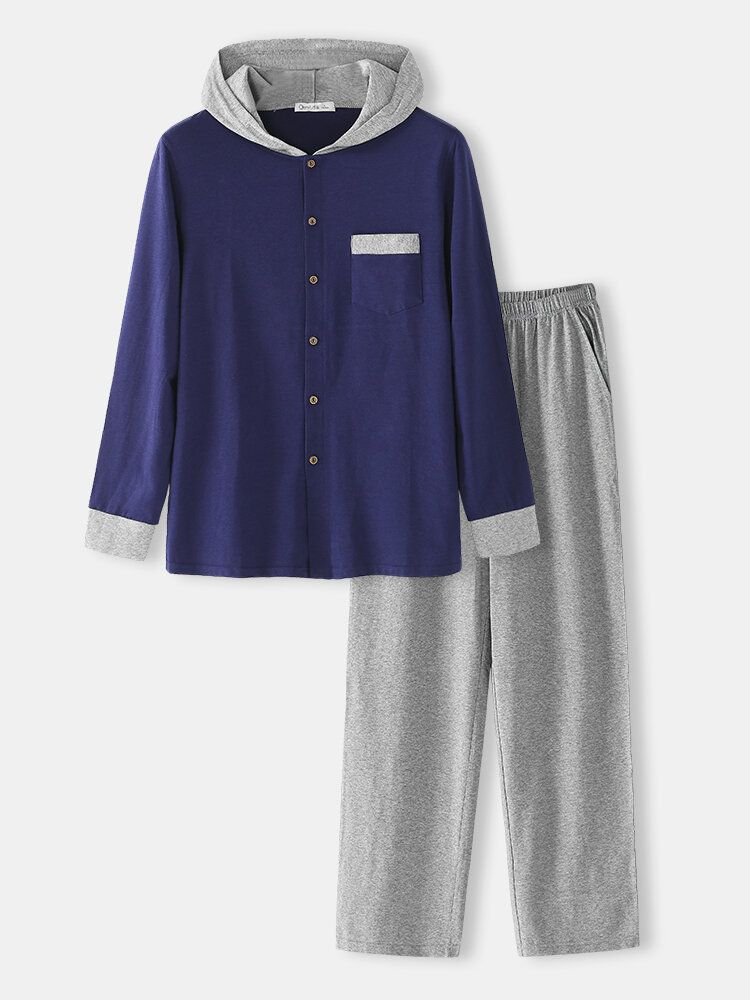 Conjunto De Pijama De Salón De Cintura Elástica Informal Con Capucha De Manga Larga De Punto Modal Para Hombre