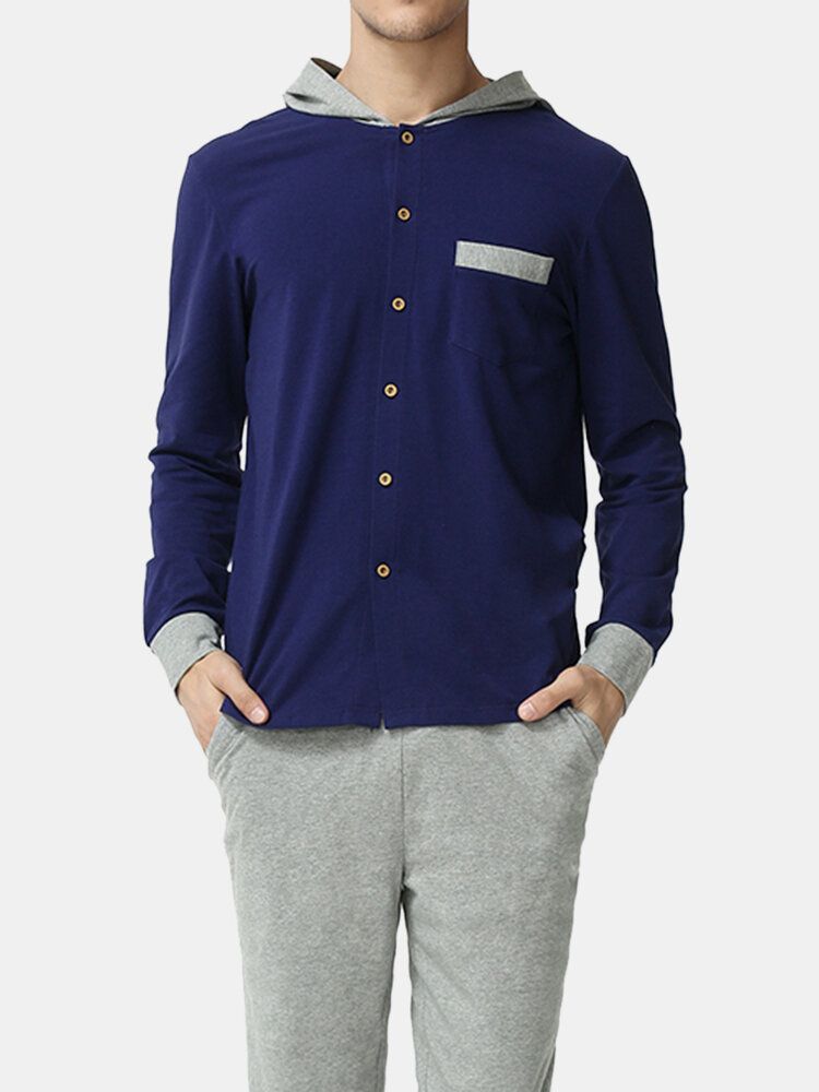 Conjunto De Pijama De Salón De Cintura Elástica Informal Con Capucha De Manga Larga De Punto Modal Para Hombre