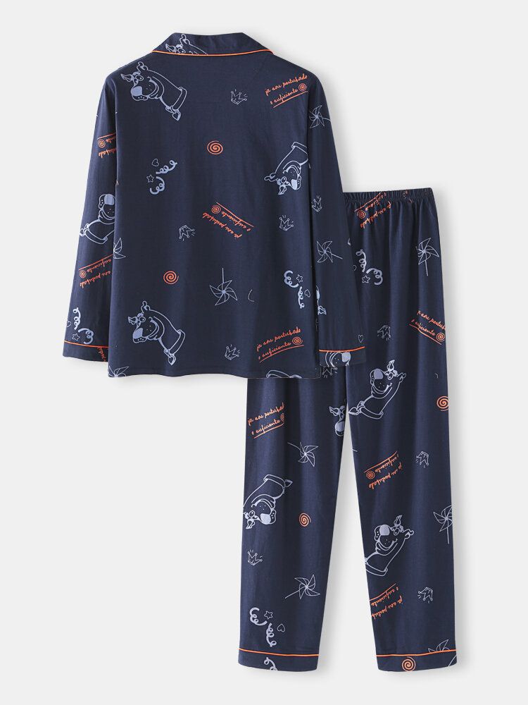 Conjunto De Pijama De Salón De Manga Larga Holgado Con Estampado De Dibujos Animados De Algodón 100% Para Hombre