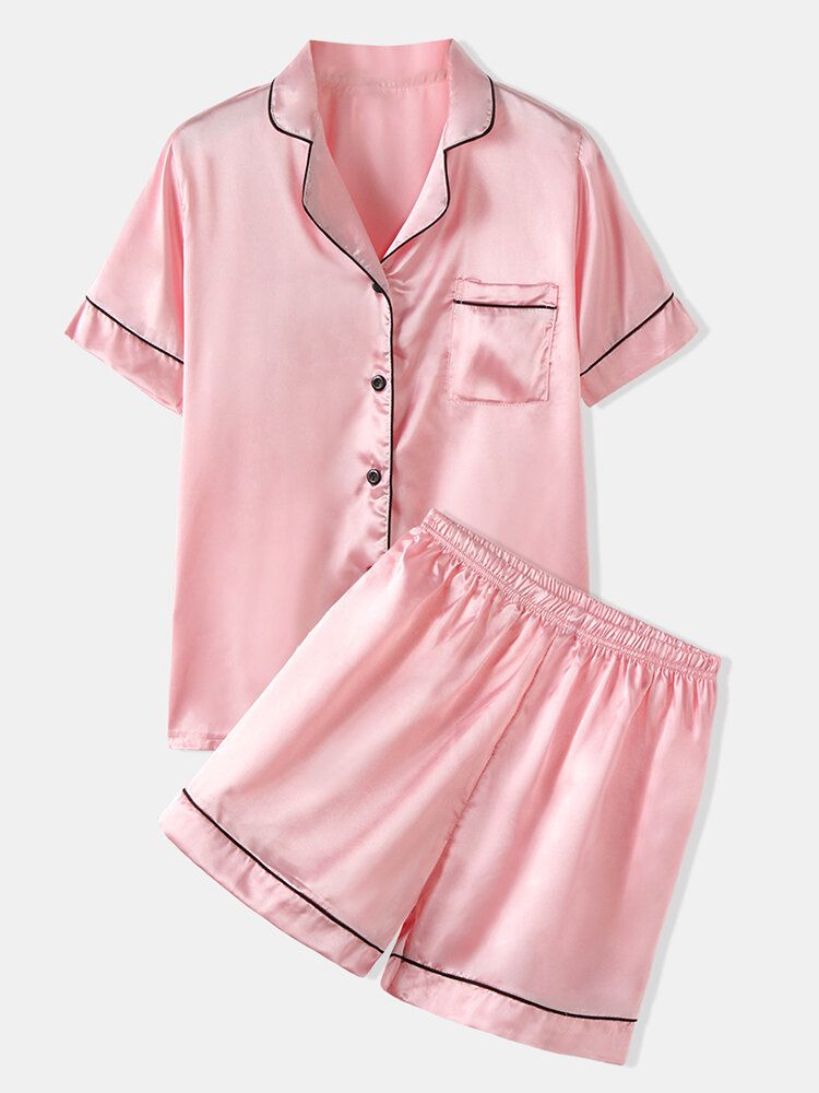 Conjunto De Pijama De Seda Sintética Informal Para El Hogar Liso Con Cuello Reverente De Color Sólido De Talla Grande Para Mujer