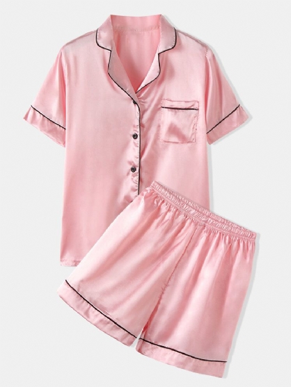 Conjunto De Pijama De Seda Sintética Informal Para El Hogar Liso Con Cuello Reverente De Color Sólido De Talla Grande Para Mujer