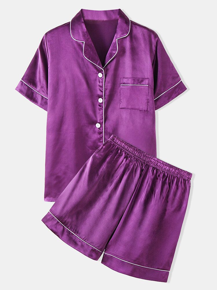 Conjunto De Pijama De Seda Sintética Informal Para El Hogar Liso Con Cuello Reverente De Color Sólido De Talla Grande Para Mujer