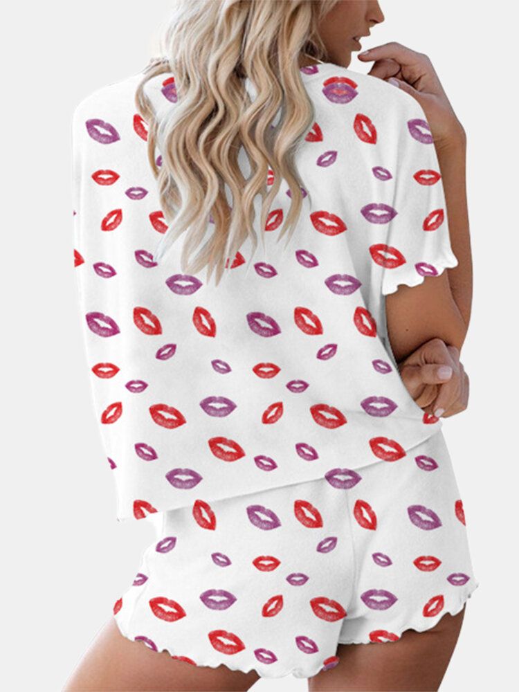 Conjunto De Pijama Softies De Manga Corta Con Cuello Redondo Y Estampado De Besos Para Mujer