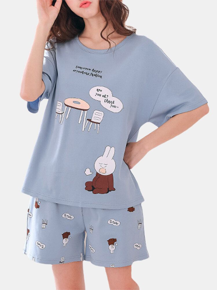 Conjunto De Pijama Suelto De Dos Piezas De Manga Corta Con Estampado De Dibujos Animados Lindo Para Mujer