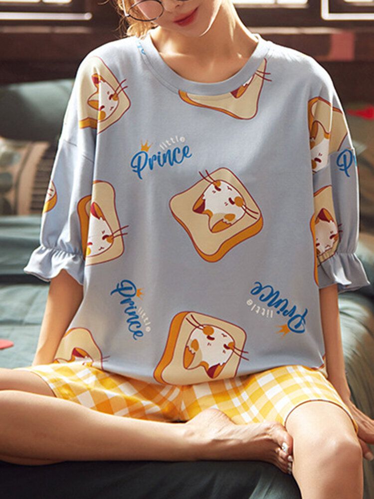 Conjunto De Pijama Suelto De Dos Piezas De Media Manga Con Estampado De Dibujos Animados Lindo Para Mujer