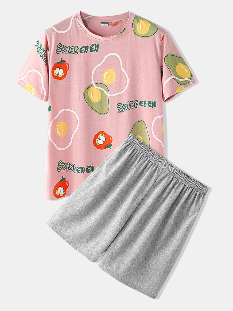 Conjunto De Pijama Suelto De Manga Corta Con Cuello Redondo Y Estampado Informal De Frutas De Dibujos Animados Para Hombre