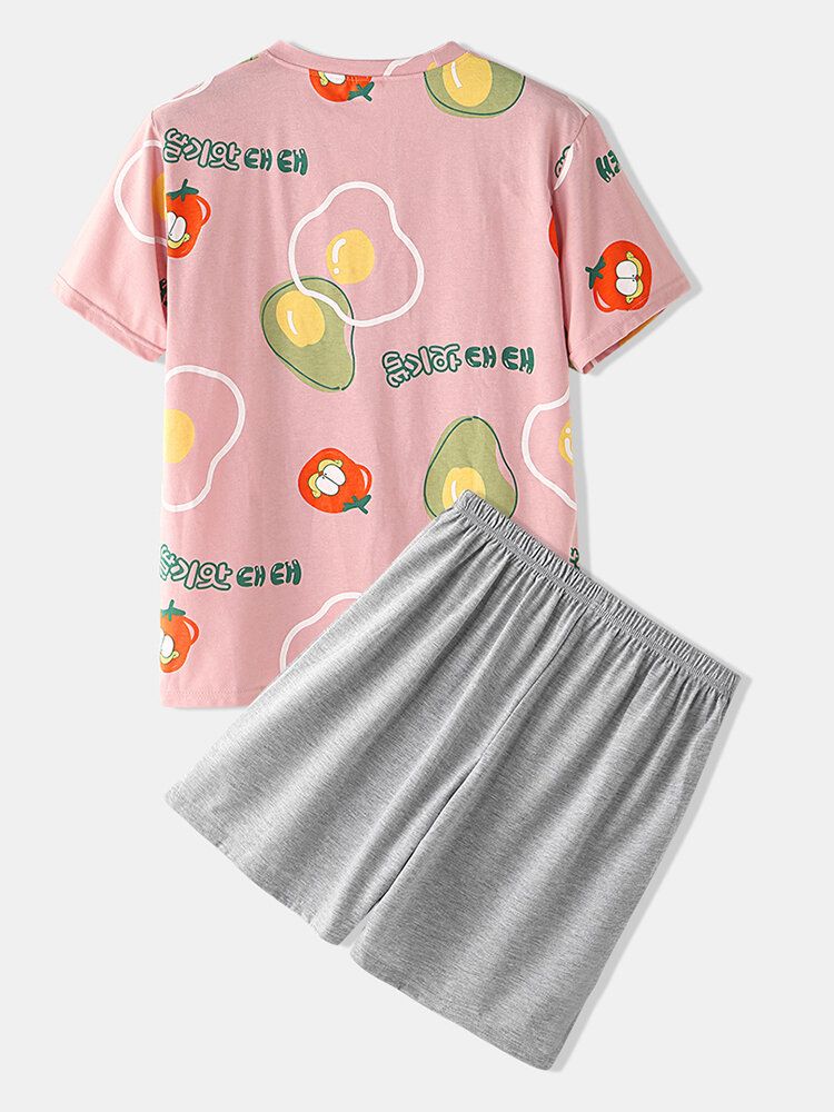 Conjunto De Pijama Suelto De Manga Corta Con Cuello Redondo Y Estampado Informal De Frutas De Dibujos Animados Para Hombre