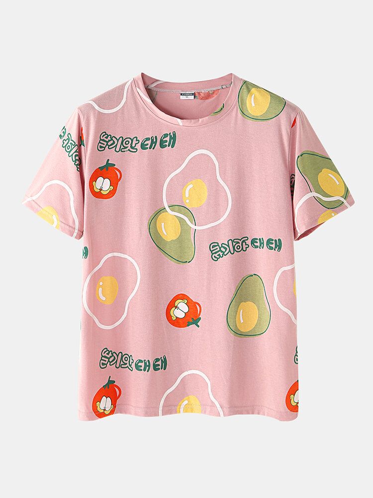 Conjunto De Pijama Suelto De Manga Corta Con Cuello Redondo Y Estampado Informal De Frutas De Dibujos Animados Para Hombre