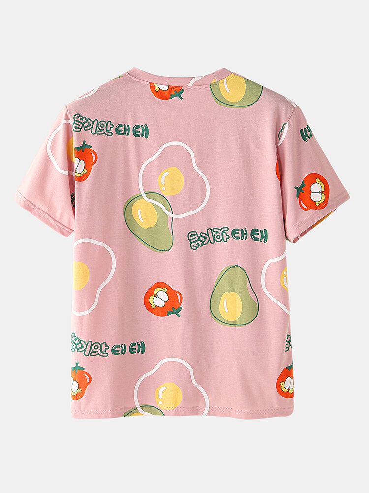 Conjunto De Pijama Suelto De Manga Corta Con Cuello Redondo Y Estampado Informal De Frutas De Dibujos Animados Para Hombre