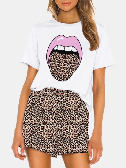 Conjunto De Pijama Transpirable De Manga Corta Con Cuello Redondo Y Estampado De Leopardo Divertido Para Mujer