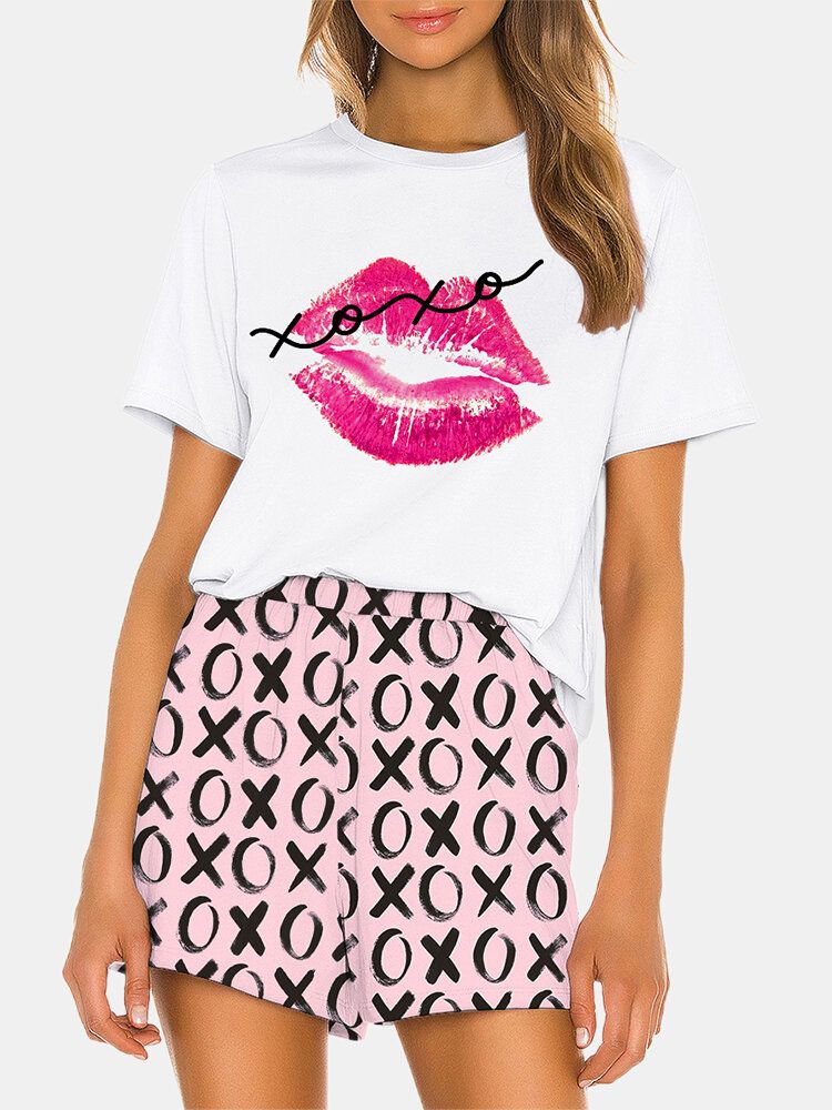 Conjunto De Pijama Transpirable Suelto Con Estampado De Letras De Beso Divertido Para Mujer