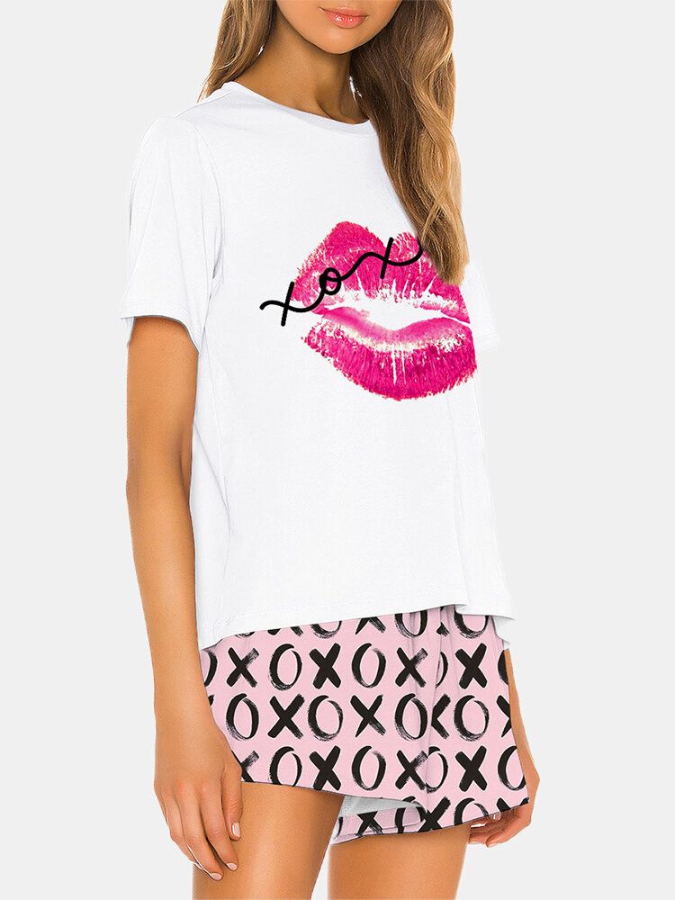 Conjunto De Pijama Transpirable Suelto Con Estampado De Letras De Beso Divertido Para Mujer