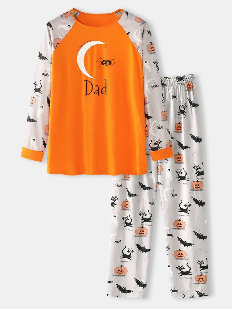 Conjunto De Pijamas Casuales Casuales De Manga Larga Sueltos Con Cuello Redondo Y Estampado De Halloween Para Hombre