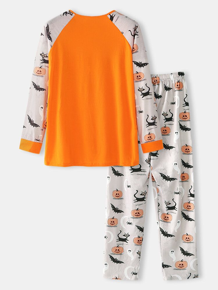 Conjunto De Pijamas Casuales Casuales De Manga Larga Sueltos Con Cuello Redondo Y Estampado De Halloween Para Hombre