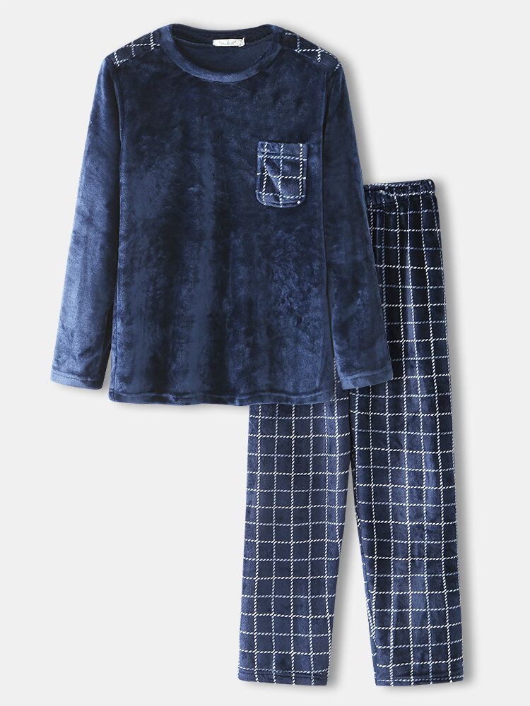 Conjunto De Pijamas De Franela A Cuadros De Invierno Para Hombre Con Cuello Redondo Y Pantalones Sueltos Gruesos Para El Salón En Casa