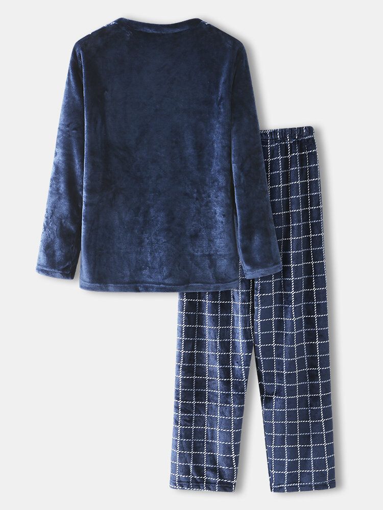 Conjunto De Pijamas De Franela A Cuadros De Invierno Para Hombre Con Cuello Redondo Y Pantalones Sueltos Gruesos Para El Salón En Casa