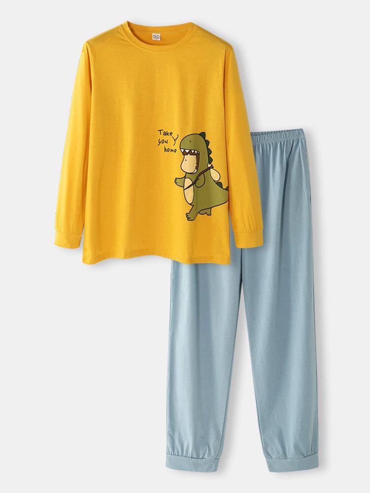 Conjunto De Pijamas Para El Hogar Con Cintura Elástica Y Manga Larga Transpirable Suelta Con Estampado De Dibujos Animados Para Hombre