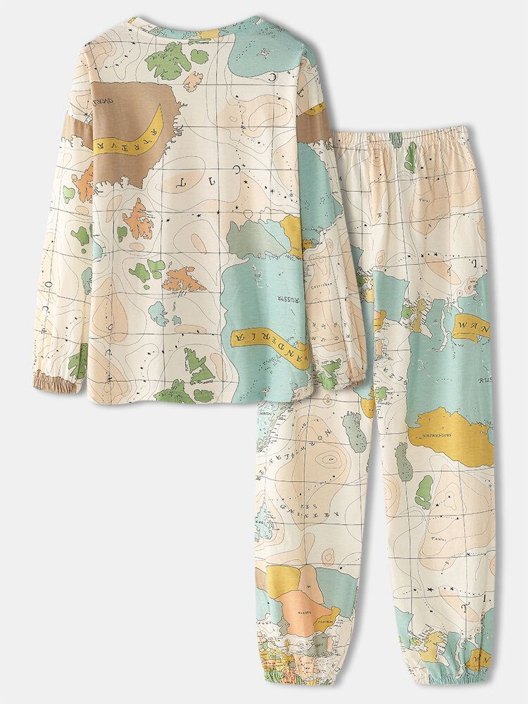 Conjunto De Pijamas Para El Hogar Con Cuello Redondo Y Cintura Elástica Con Estampado De Mapa Del Mundo Para Mujer