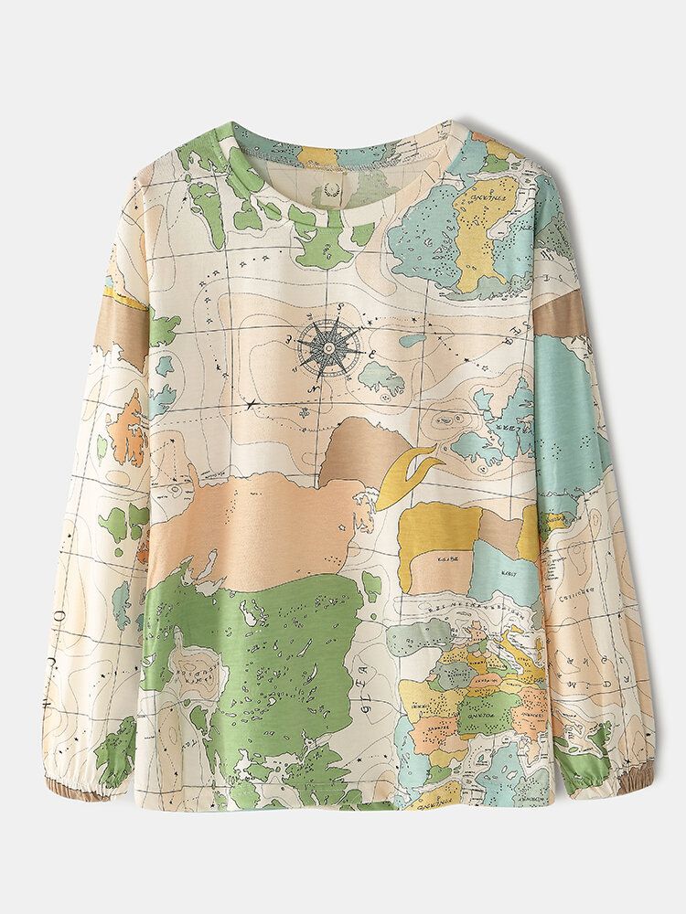 Conjunto De Pijamas Para El Hogar Con Cuello Redondo Y Cintura Elástica Con Estampado De Mapa Del Mundo Para Mujer