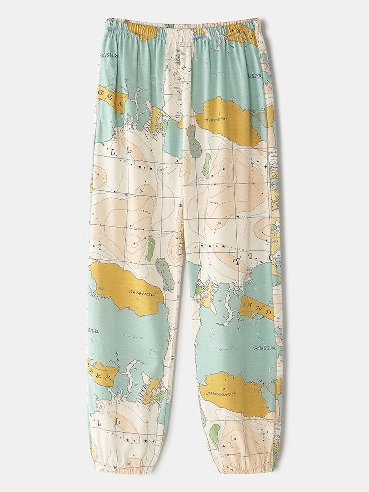 Conjunto De Pijamas Para El Hogar Con Cuello Redondo Y Cintura Elástica Con Estampado De Mapa Del Mundo Para Mujer