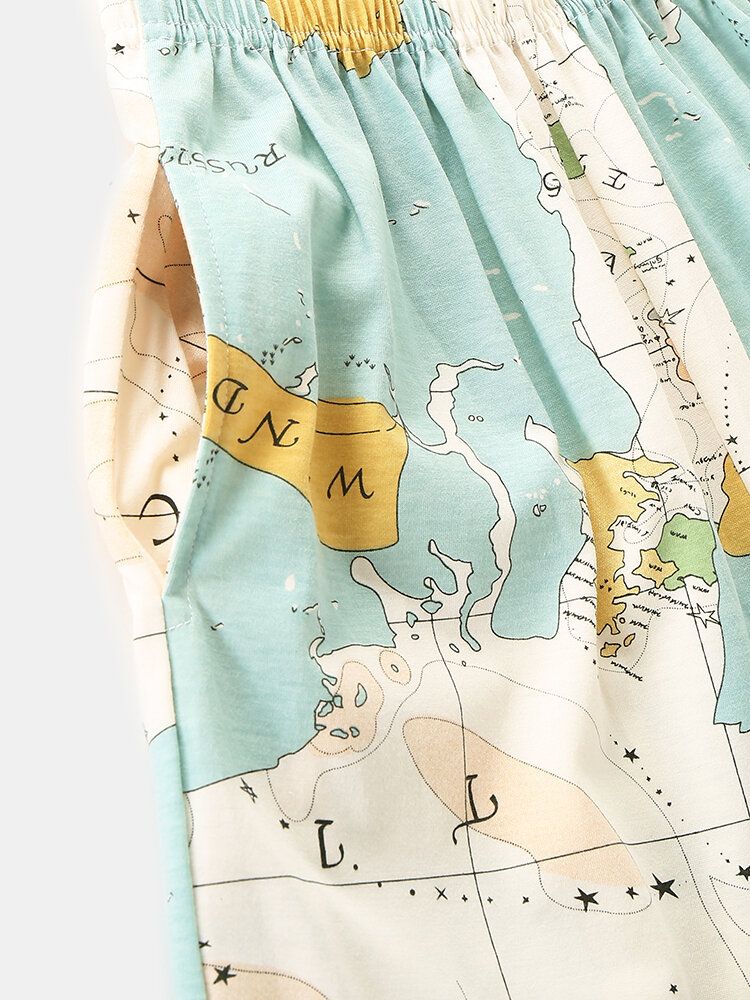 Conjunto De Pijamas Para El Hogar Con Cuello Redondo Y Cintura Elástica Con Estampado De Mapa Del Mundo Para Mujer