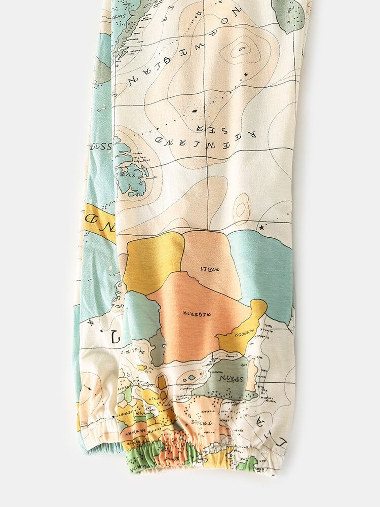 Conjunto De Pijamas Para El Hogar Con Cuello Redondo Y Cintura Elástica Con Estampado De Mapa Del Mundo Para Mujer