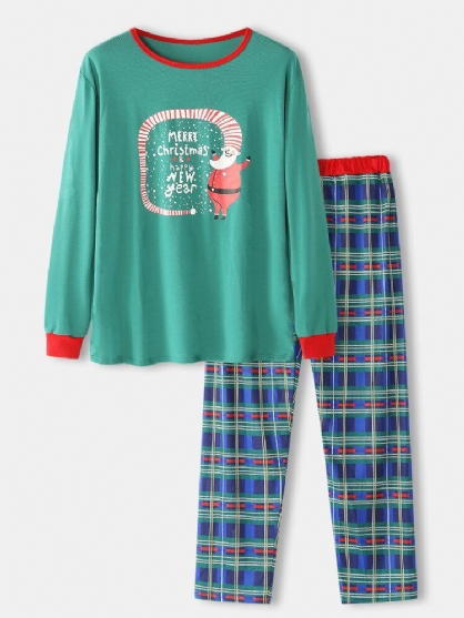 Conjunto De Pijamas Para El Hogar Con Pantalones A Cuadros Sueltos Con Cuello Redondo Y Estampado Navideño De Dibujos Animados Para Hombre