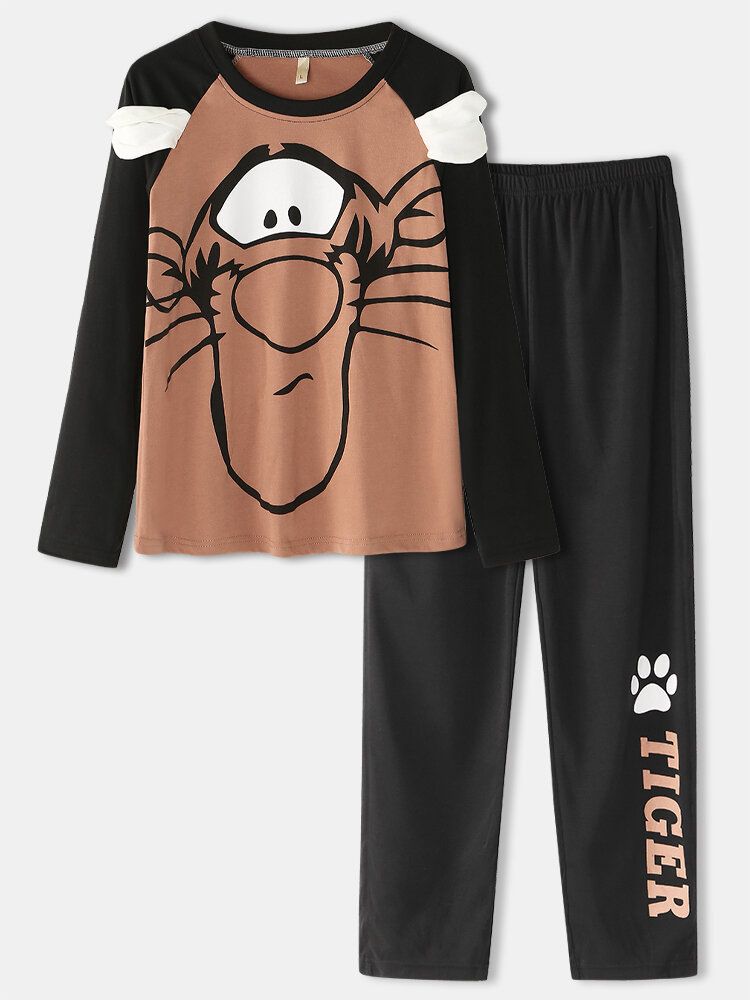 Conjunto De Pijamas Para El Hogar Con Pantalones De Cintura Elástica Con Manga Raglán De Tigre De Dibujos Animados Para Mujer