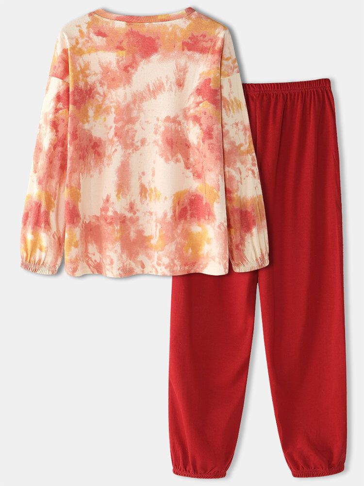 Conjunto De Pijamas Para El Hogar Con Pantalones De Jogging De Cuello Redondo De Talla Grande Con Dibujos Animados Tie-dye