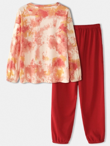 Conjunto De Pijamas Para El Hogar Con Pantalones De Jogging De Cuello Redondo De Talla Grande Con Dibujos Animados Tie-dye