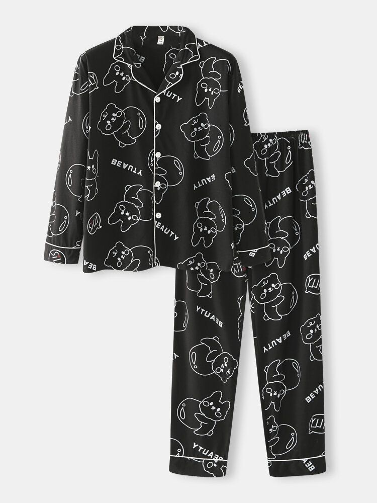 Conjunto De Pijamas Sueltos Para El Hogar Con Botones De Manga Larga Y Estampado De Letras De Gato De Dibujos Animados Para Hombre