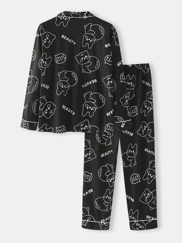 Conjunto De Pijamas Sueltos Para El Hogar Con Botones De Manga Larga Y Estampado De Letras De Gato De Dibujos Animados Para Hombre