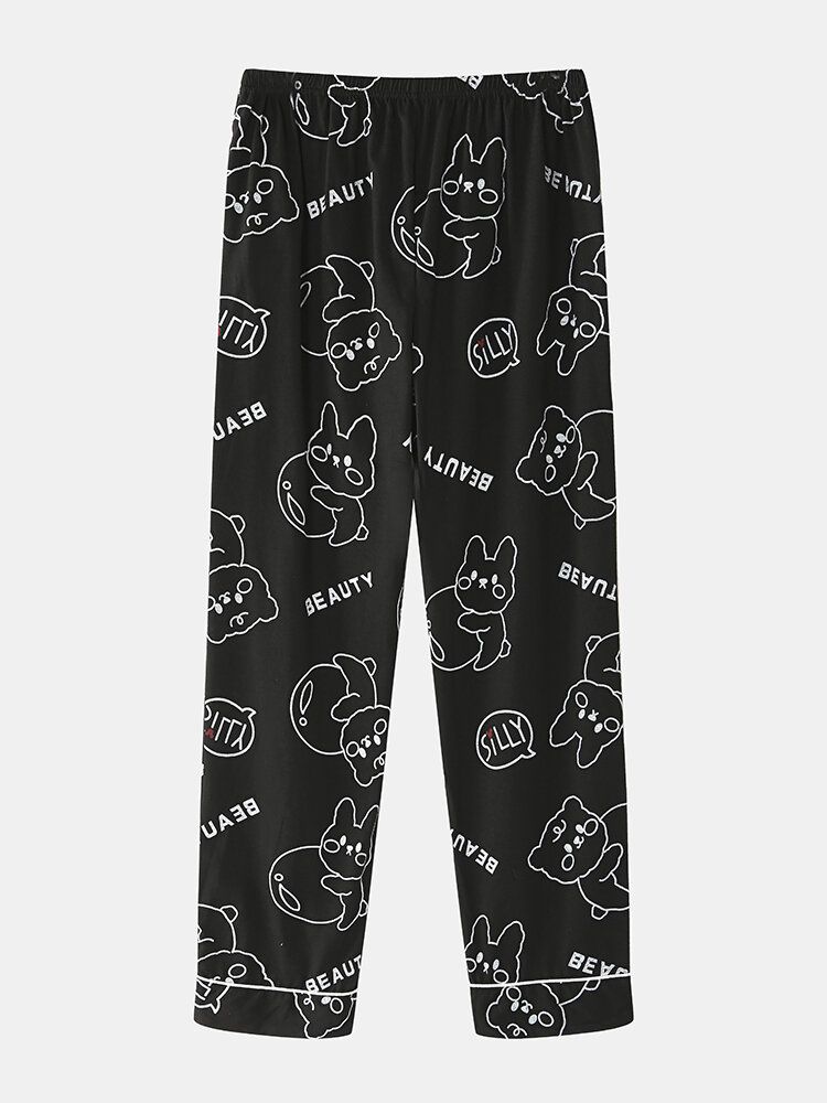 Conjunto De Pijamas Sueltos Para El Hogar Con Botones De Manga Larga Y Estampado De Letras De Gato De Dibujos Animados Para Hombre