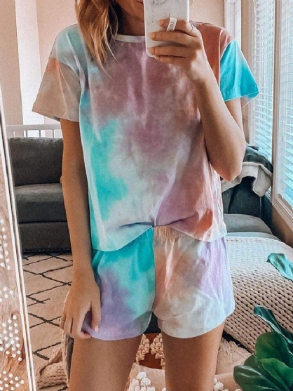 Conjunto De Ropa De Estar Con Estampado Tie Dye Pijamas De Dos Piezas De Manga Corta Dradient