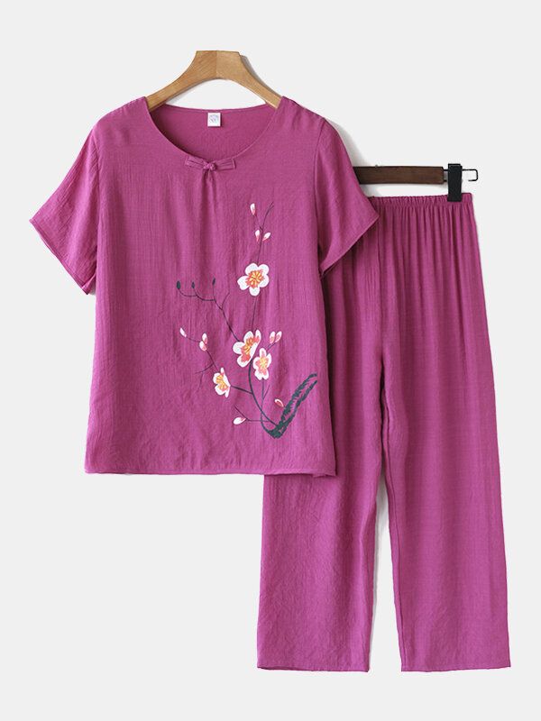 Conjunto De Ropa De Salón Con Estampado De Flores De Talla Grande Para Mujer Pijamas Sueltos Con Botones Mandarín Transpirables