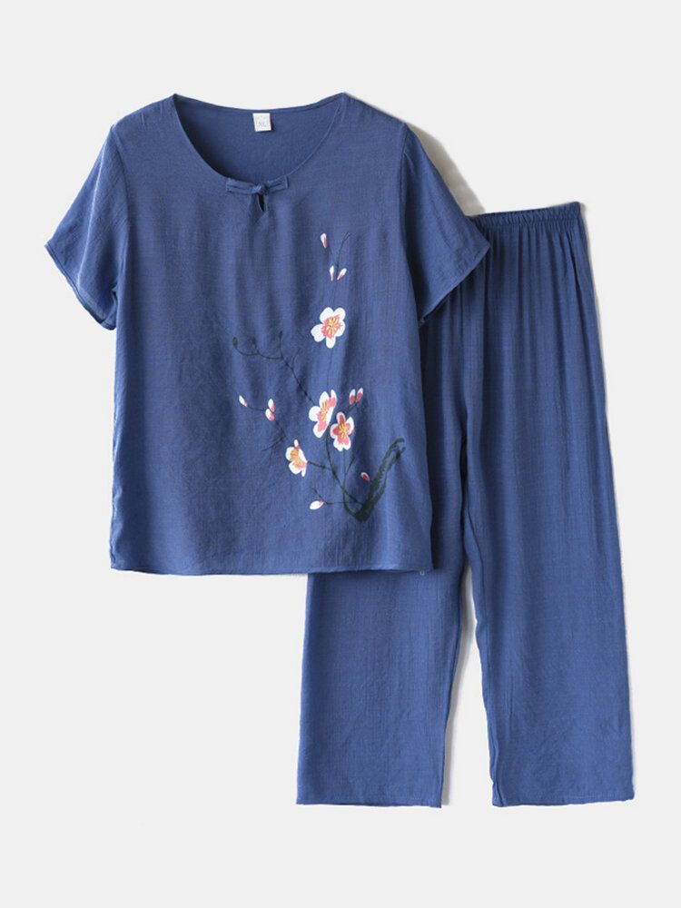 Conjunto De Ropa De Salón Con Estampado De Flores De Talla Grande Para Mujer Pijamas Sueltos Con Botones Mandarín Transpirables