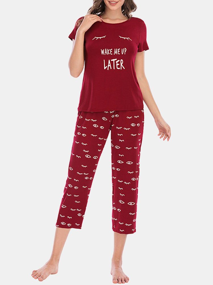 Conjuntos De Pijama De Manga Corta Cómodos Con Estampado De Ojos Y Letras Para Mujer De Talla Grande